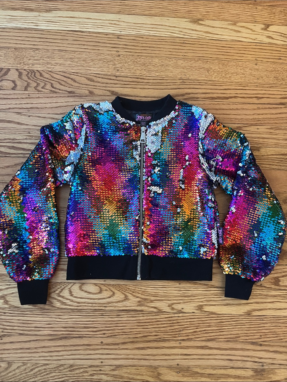 JoJo Siwa JoJo’s Closet Rainbow Sequin Bomber Jacket XS 4/5 Reversible Sparkle